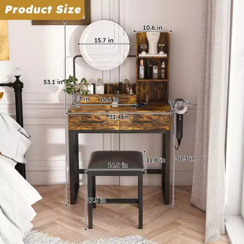 Vanity Desk with LED Lights, Power Outlet & 2 Drawers, Metal Legs, Brown
