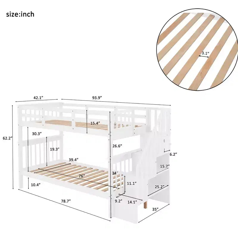 Luxystar Twin over Twin Bunk Bed with Storage Staircase and Fence for Apartment and Dorm