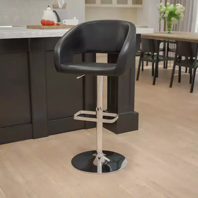 Emma and Oliver Shae Contemporary Upholstered Adjustable Height Barstool with Rounded, Cutout Mid-Back and Pedestal Base