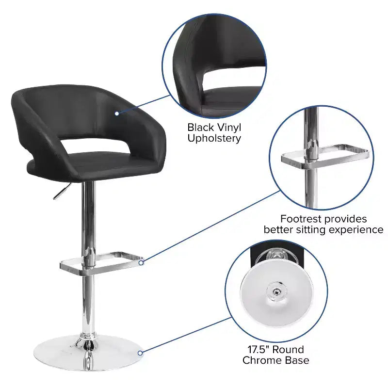 Emma and Oliver Shae Contemporary Upholstered Adjustable Height Barstool with Rounded, Cutout Mid-Back and Pedestal Base