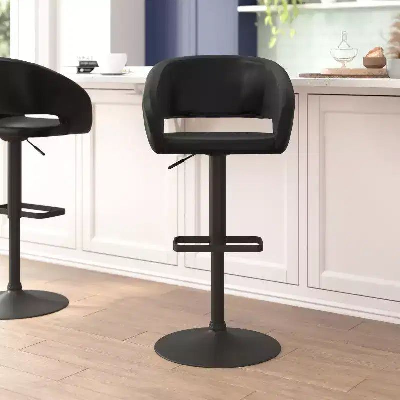 Emma and Oliver Shae Contemporary Upholstered Adjustable Height Barstool with Rounded, Cutout Mid-Back and Pedestal Base
