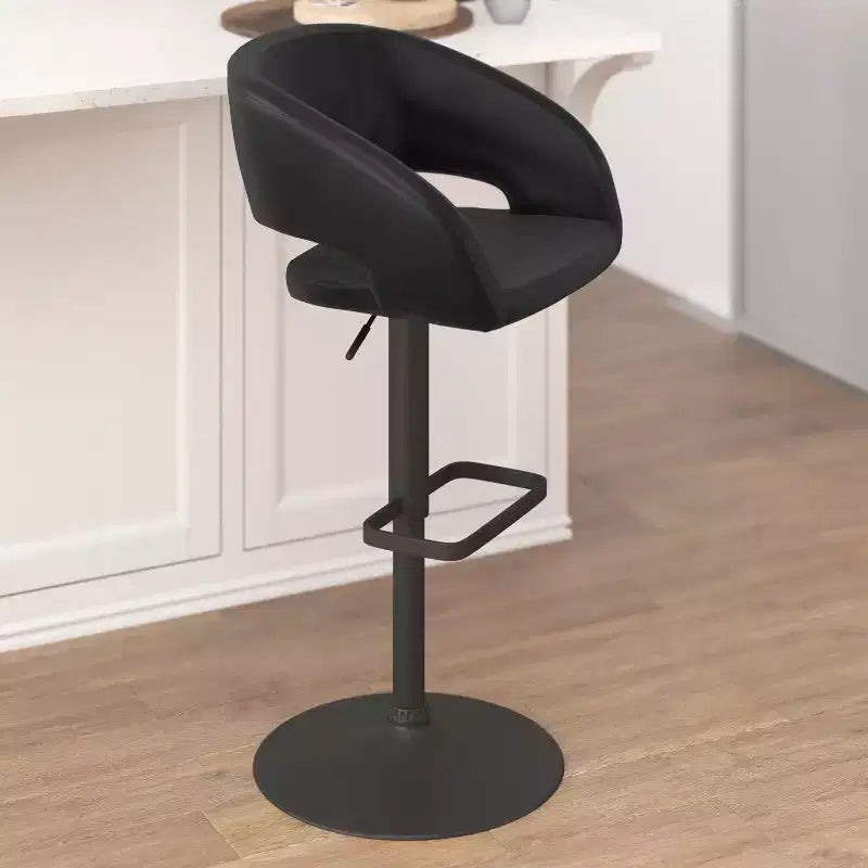 Emma and Oliver Shae Contemporary Upholstered Adjustable Height Barstool with Rounded, Cutout Mid-Back and Pedestal Base