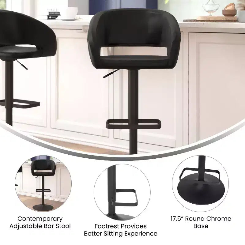 Emma and Oliver Shae Contemporary Upholstered Adjustable Height Barstool with Rounded, Cutout Mid-Back and Pedestal Base