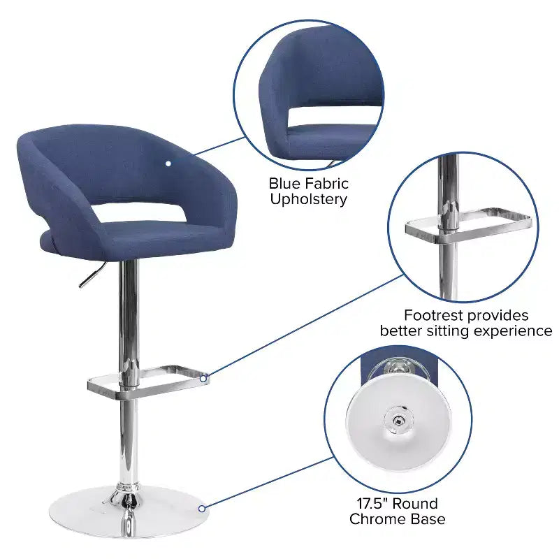 Emma and Oliver Shae Contemporary Upholstered Adjustable Height Barstool with Rounded, Cutout Mid-Back and Pedestal Base