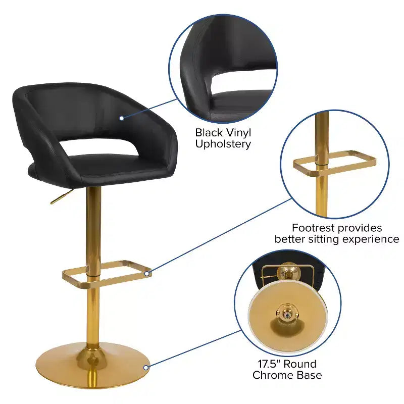 Emma and Oliver Shae Contemporary Upholstered Adjustable Height Barstool with Rounded, Cutout Mid-Back and Pedestal Base