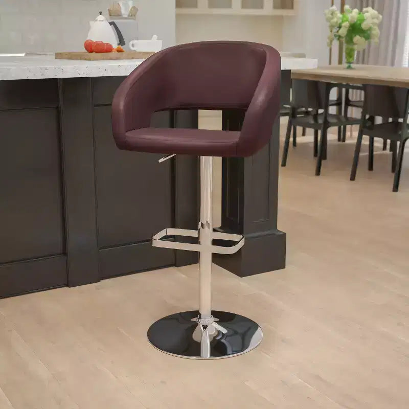 Emma and Oliver Shae Contemporary Upholstered Adjustable Height Barstool with Rounded, Cutout Mid-Back and Pedestal Base