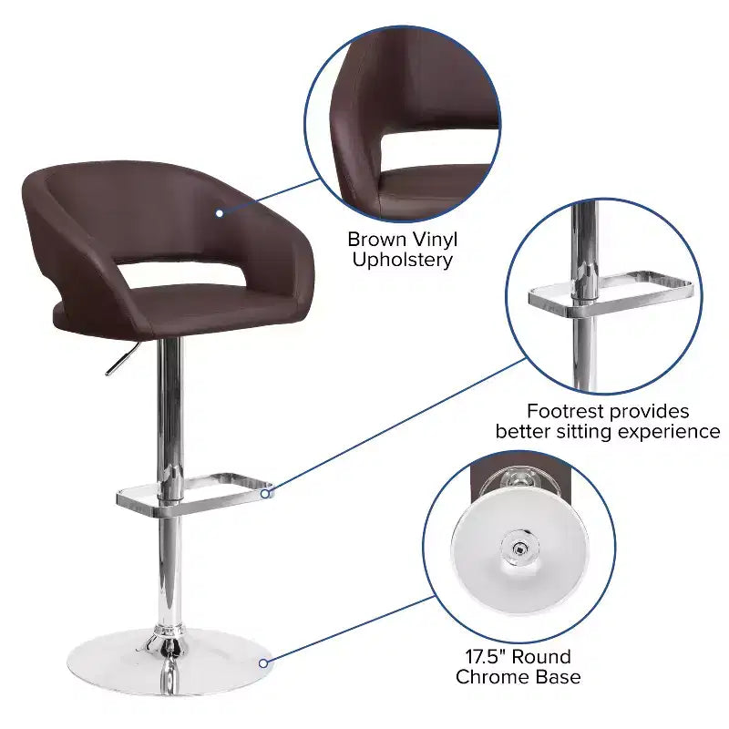 Emma and Oliver Shae Contemporary Upholstered Adjustable Height Barstool with Rounded, Cutout Mid-Back and Pedestal Base